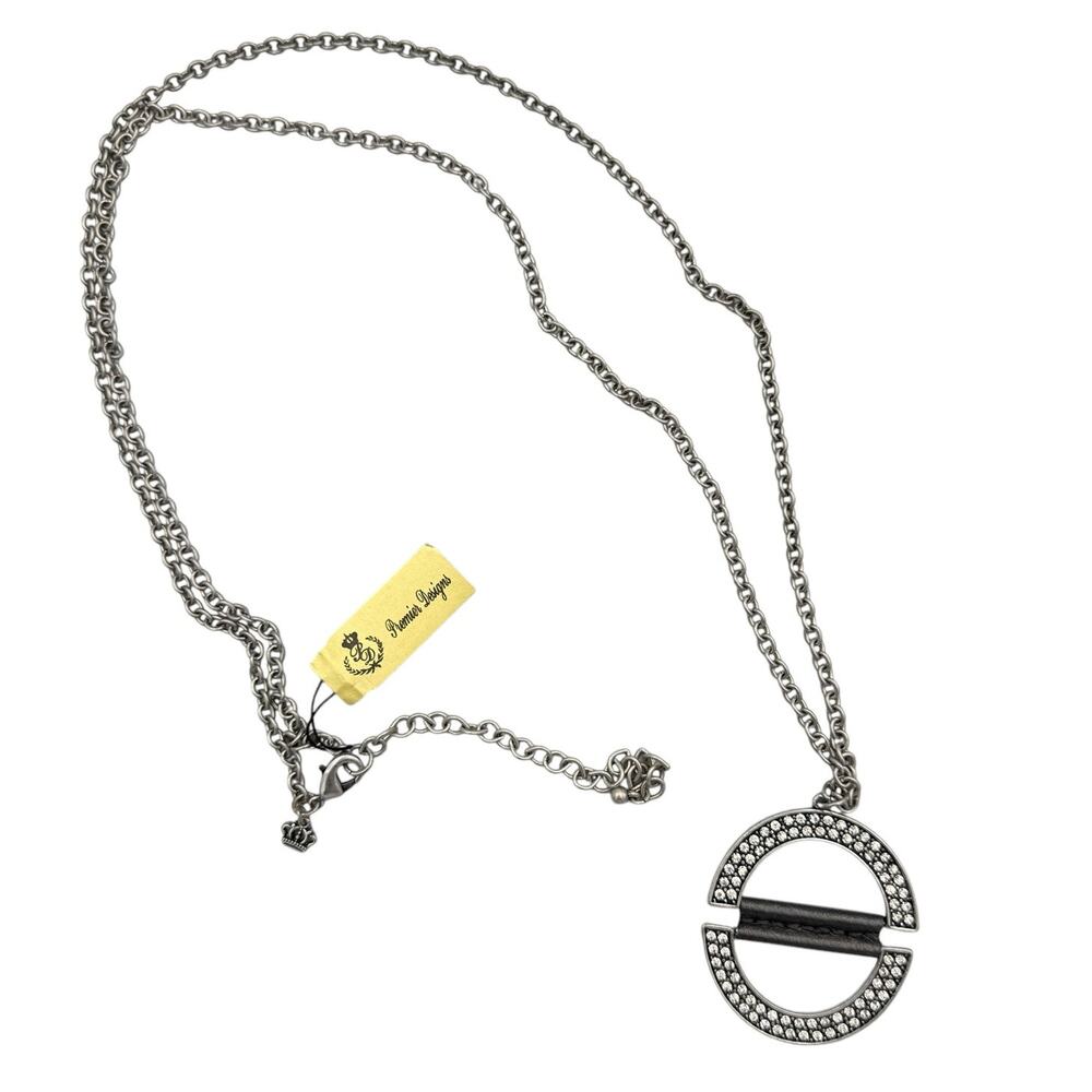 Premier Designs NWT Silver Tone Jeweled & Leather Circle Pendant Long Necklace